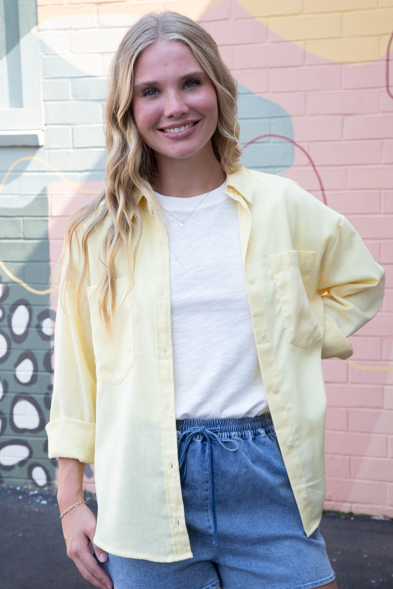 Leslie Sand Washed Relaxed Shirt, Creamy Yellow