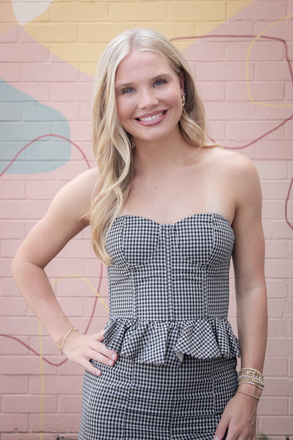 Georgina Checkered Peplum Top, Black Taupe