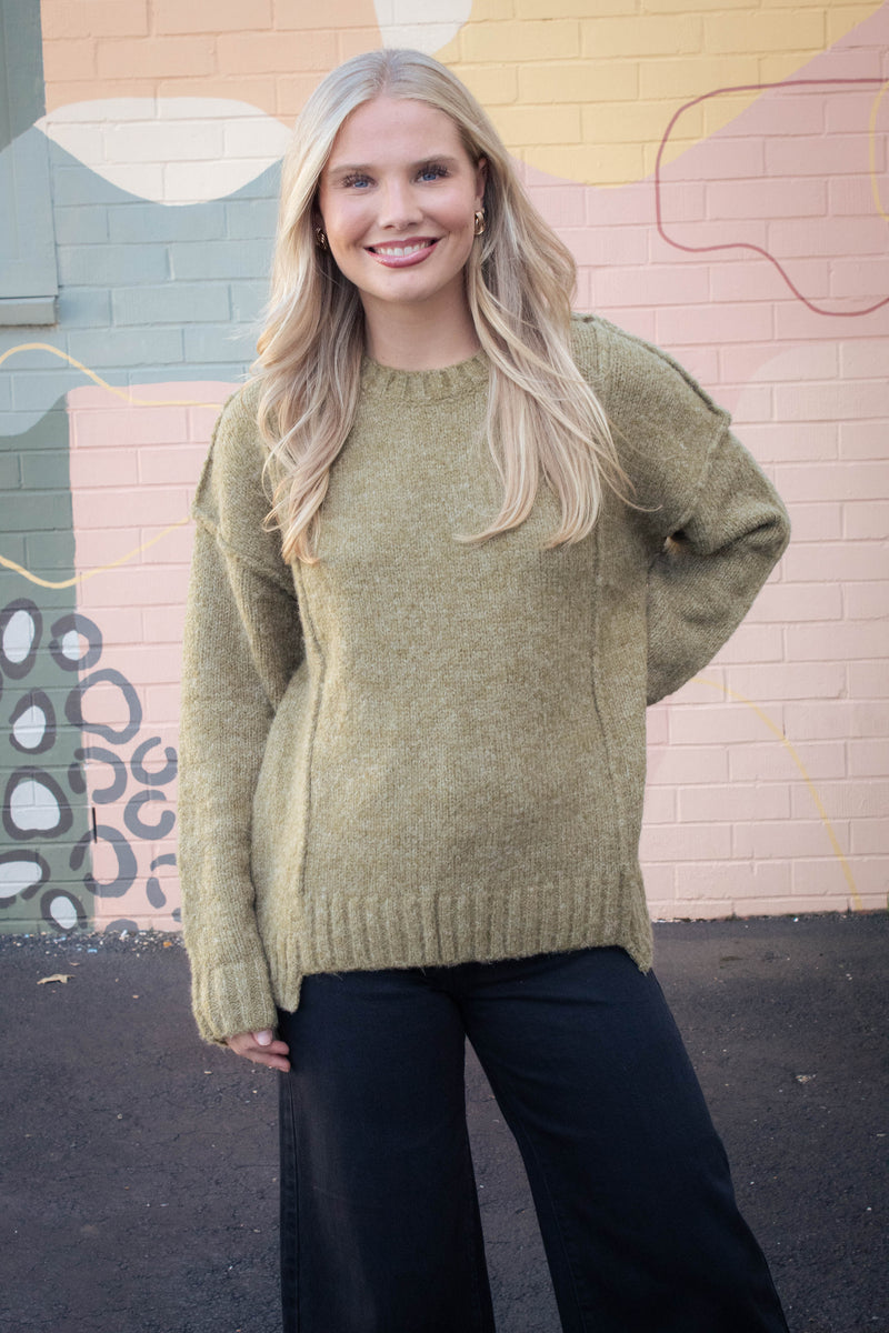 Winona Seam Detail Pullover Sweater, Olive