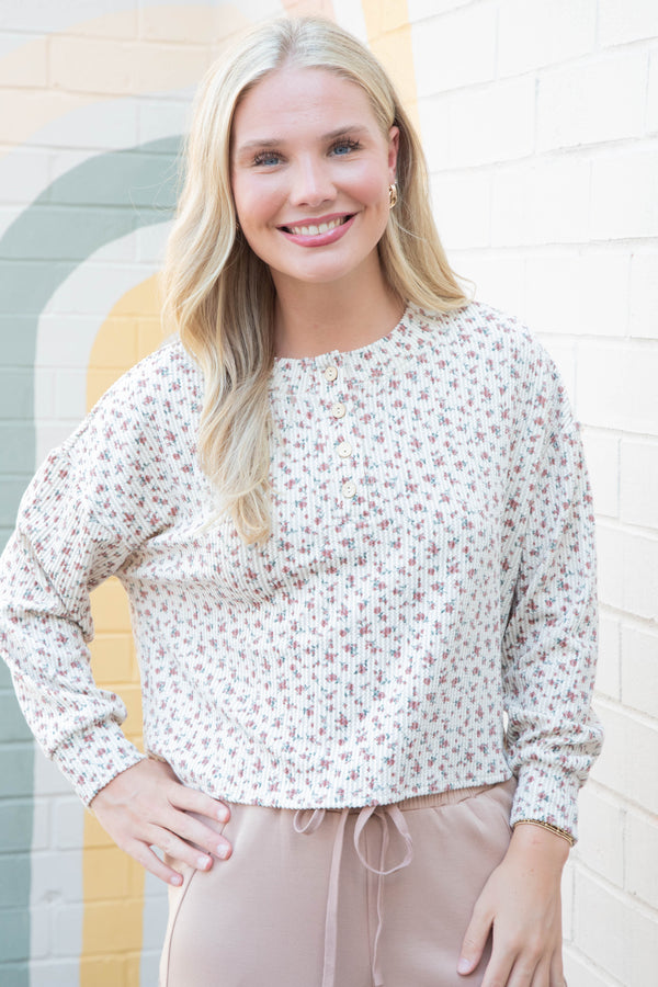 Liliana Floral Henley Rib Knit Top, Brown Multi