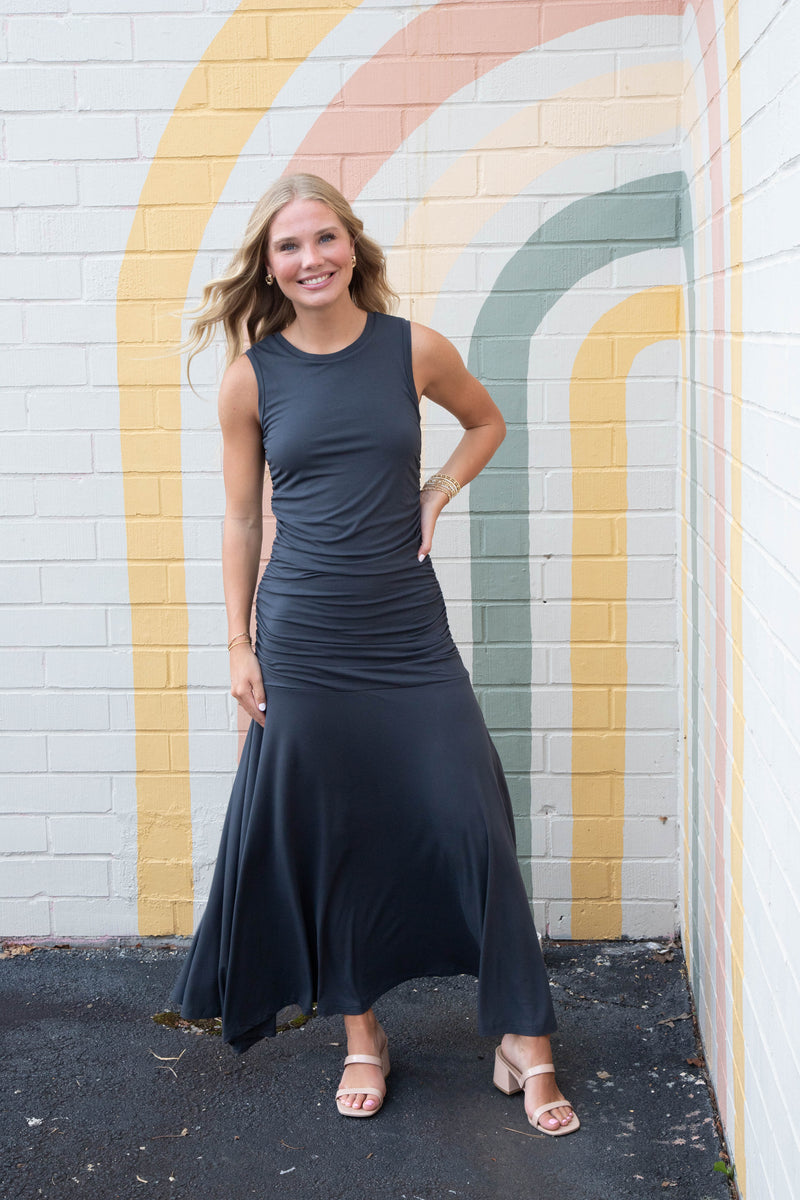 Jace Ruched Side Maxi Dress, Faded Black | Steve Madden