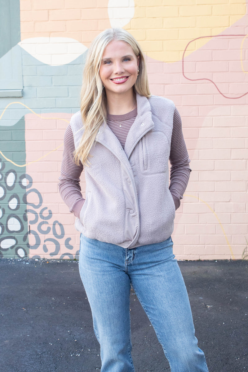 Elena Fleece Button Up Vest, Earth Grey