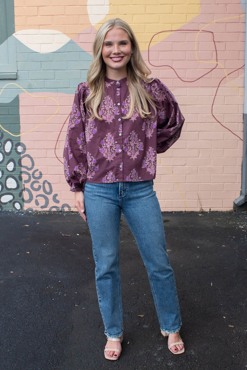 Wren Block Floral Blouse, Burgundy