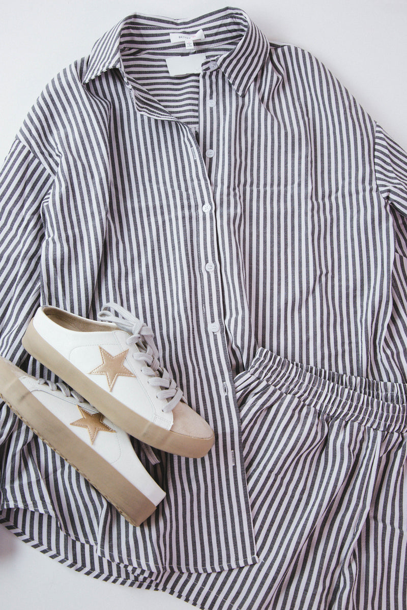 Isla Striped Button Down Shirt, Black/White