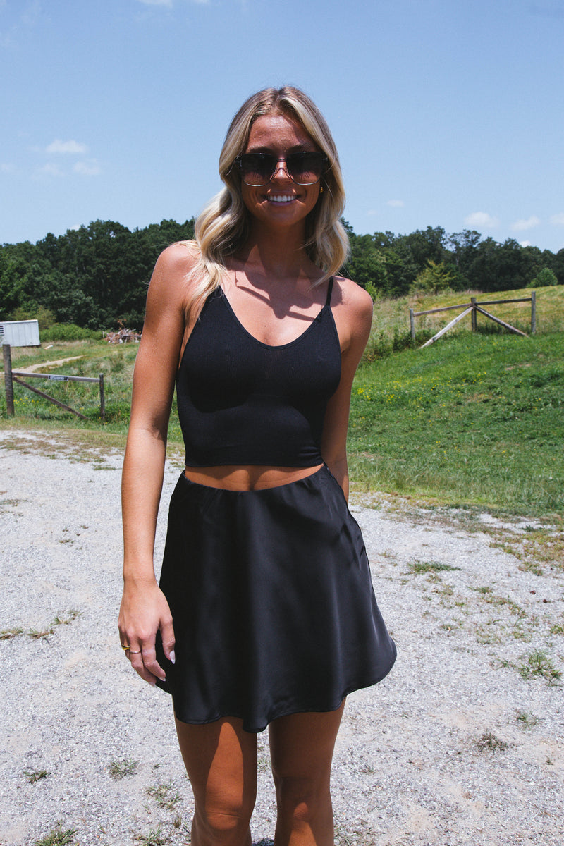 Black Pearl Satin Mini Skirt, Black