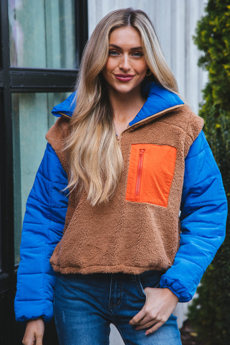 Dixie Fleece with Puffer Sleeve Pullover, Mocha Combo