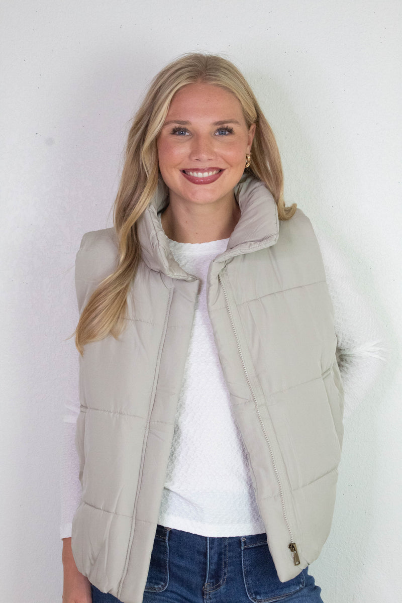Liv Solid Zip Up Puffer Vest, Cement