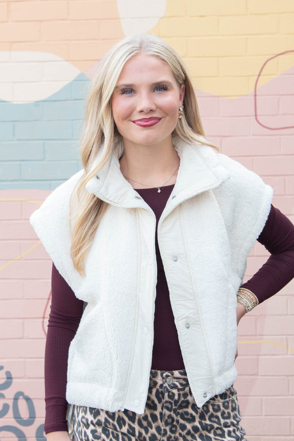 Addison Button Front Faux Fur Vest, Ivory