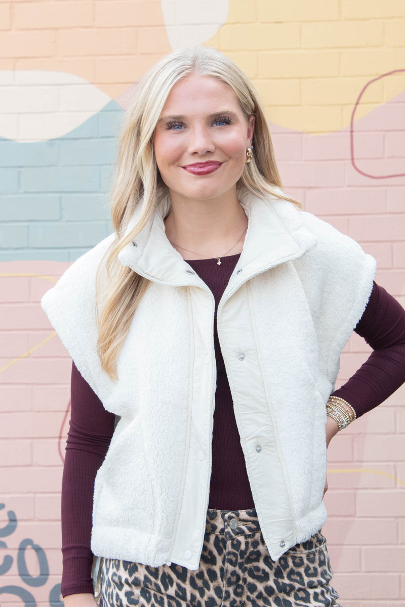 Addison Button Front Faux Fur Vest, Ivory
