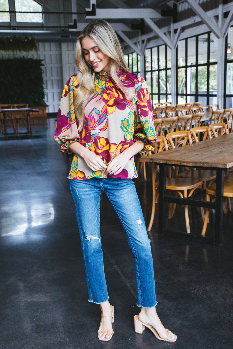 Jolie Floral Ruffle Neck Blouse, Mocha