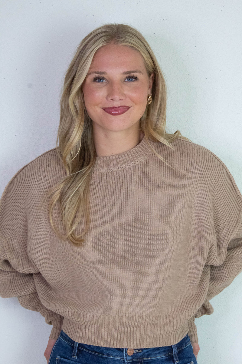 Camila Round Neck Cropped Sweater, Dark Taupe