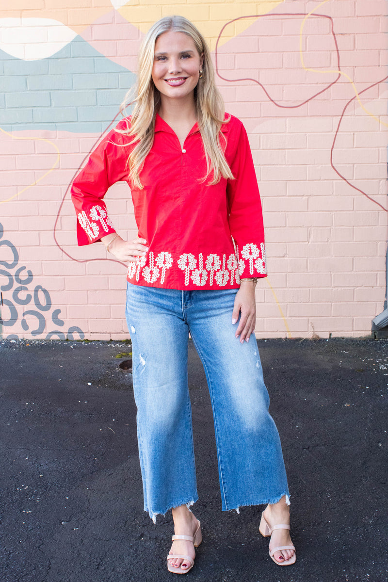 Katie 3D Floral Trim Accent Top, Red