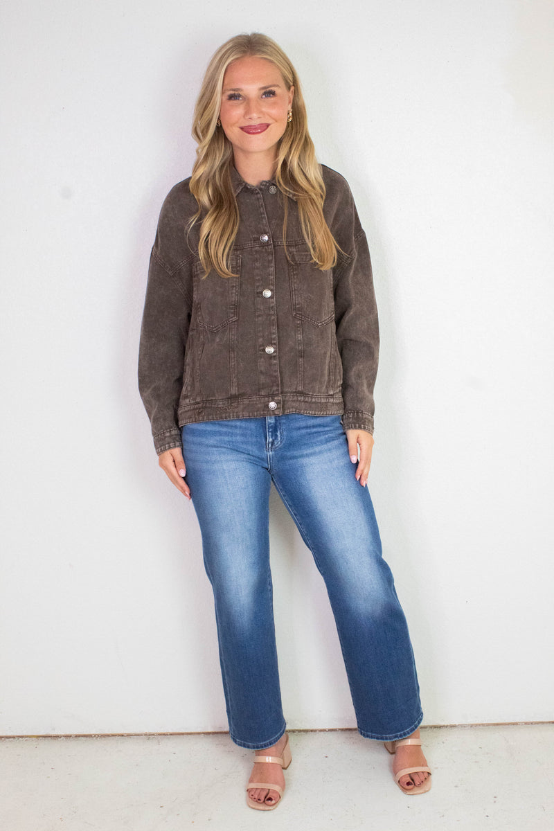 Audrey Button Down Denim Jacket, Black Coffee