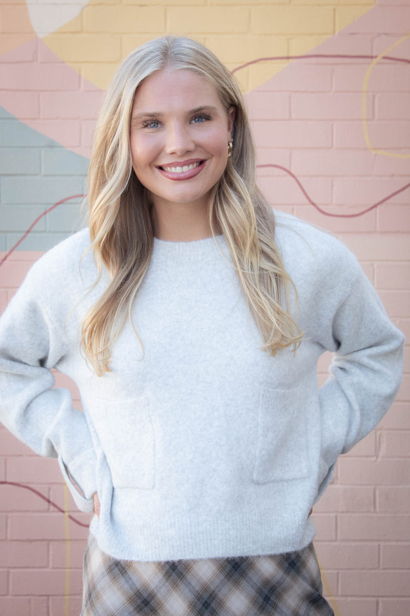 Lila Cuff Detail Pocket Sweater, Heather Grey