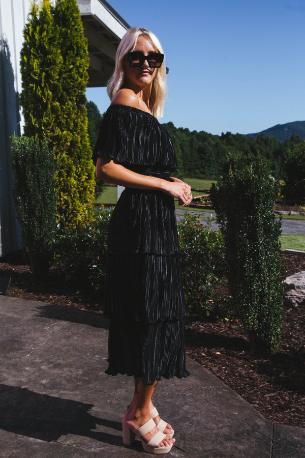 Gamora Pleated Midi Dress, Black