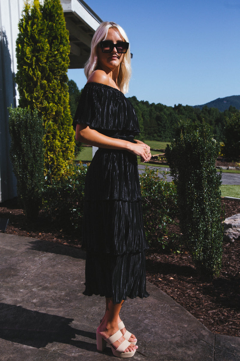 Gamora Pleated Midi Dress, Black