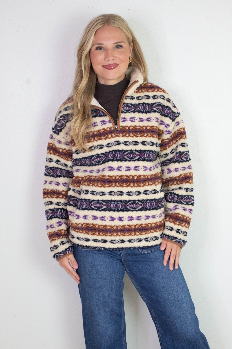 Alpine Sherpa Half Zip Striped Jacket, Tobacco | RD Style