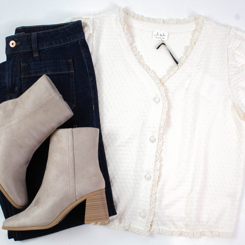 Esther Textured Lace Trim Top, Off White