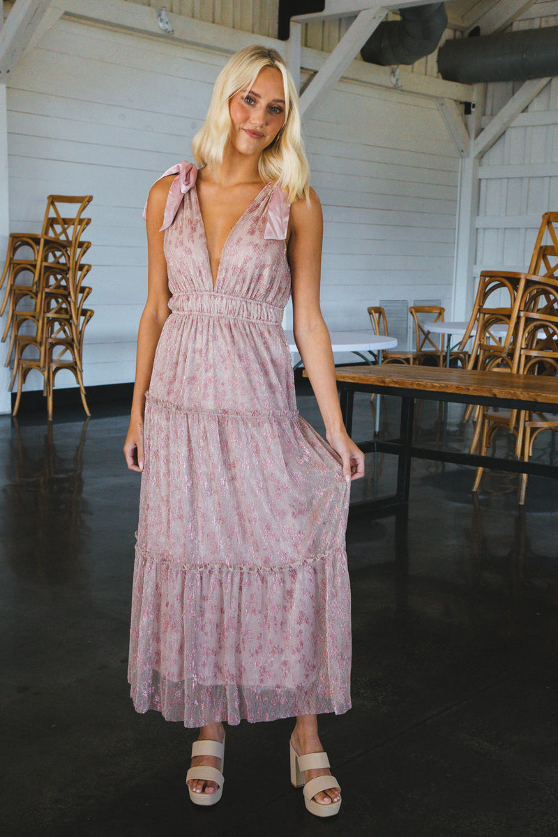 Entrez Metallic Maxi Dress, Pink Silver