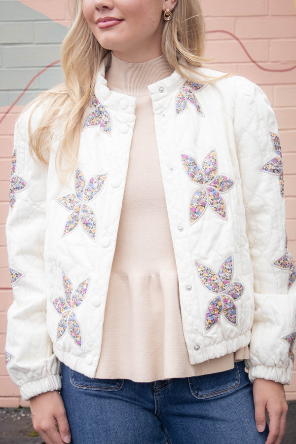 Enid Floral Applique Quilted Jacket, Cream
