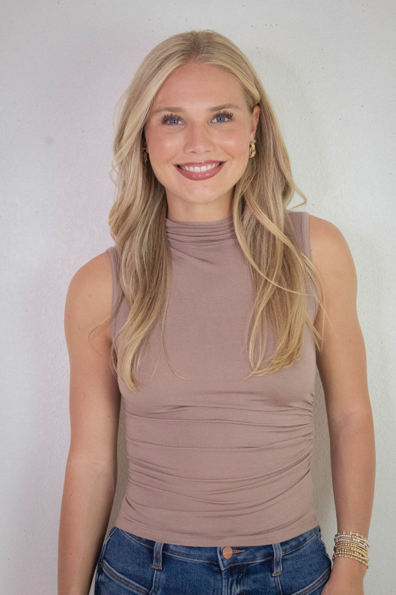 Josephine Mock Neck Ruched Top, Taupe