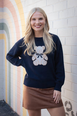 Elle Teddy Bear Graphic Sweater, Navy