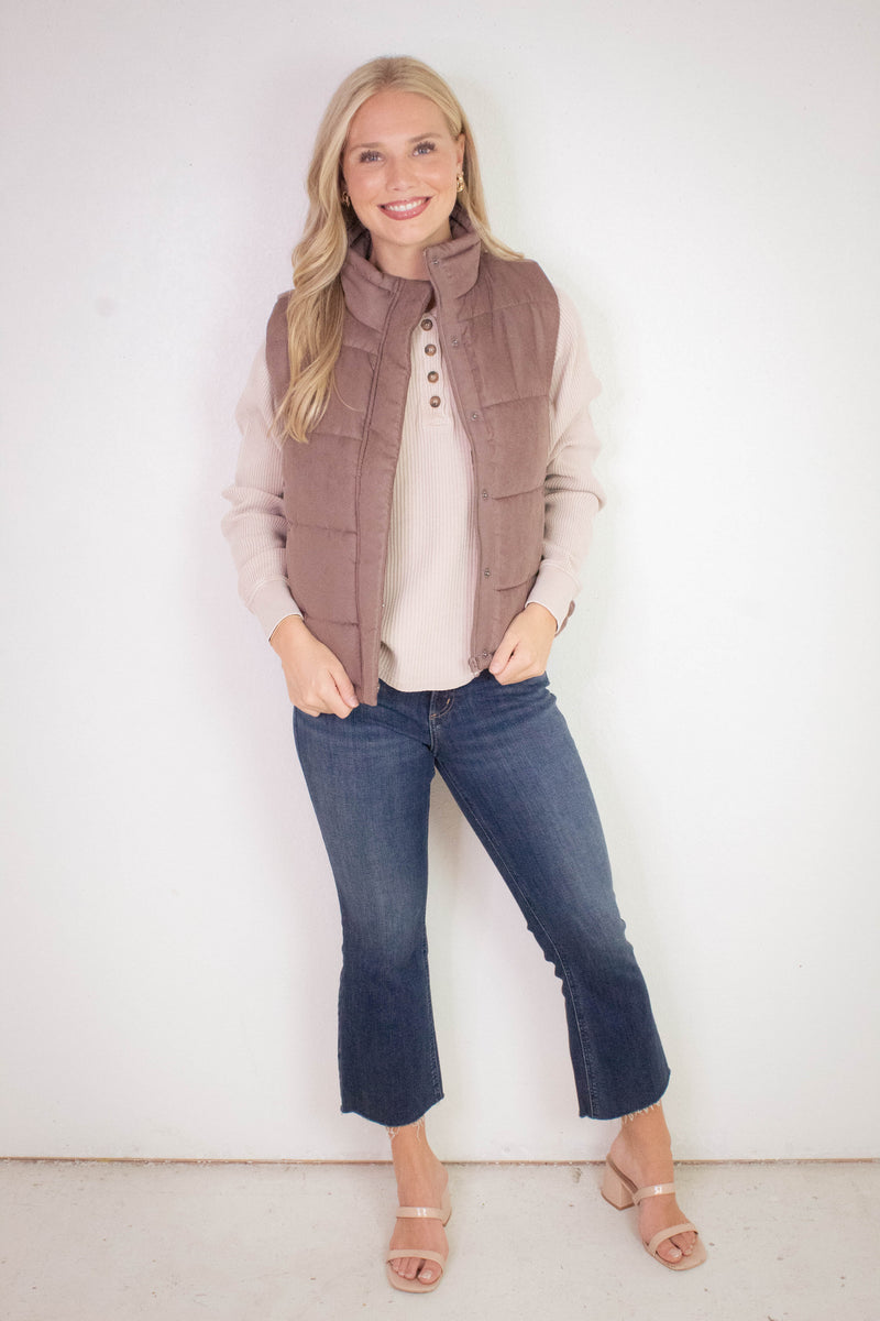 Isabelle Suede Puffer Vest, Cocoa