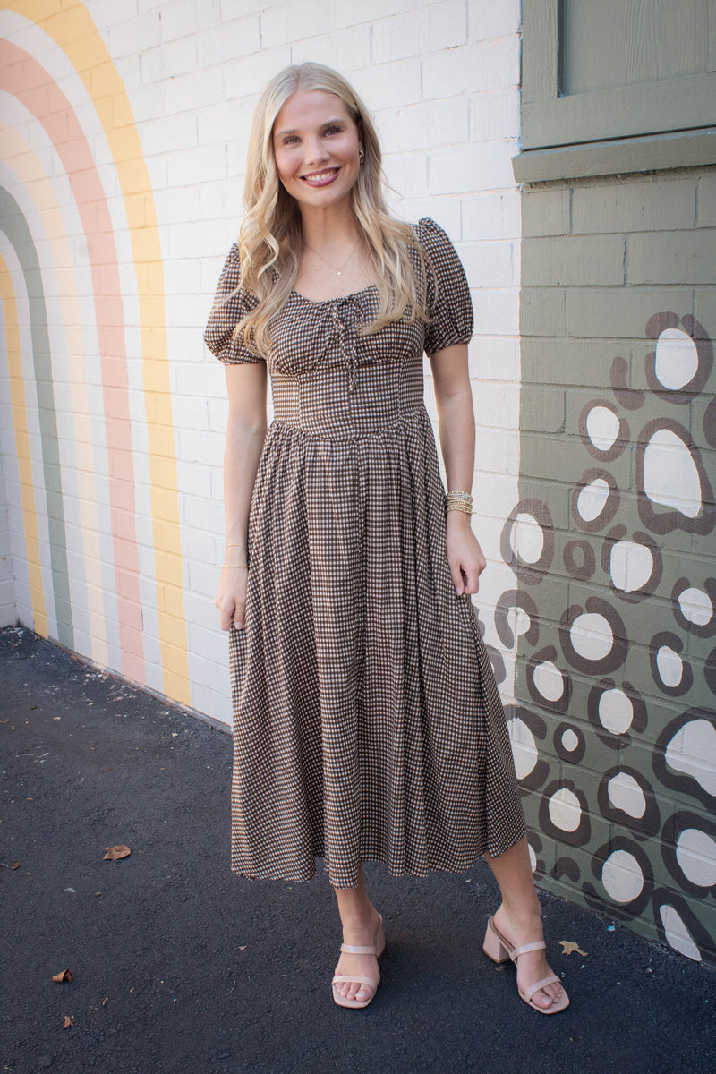 Zara Plaid Corset Detail Midi Dress, Brown Multi