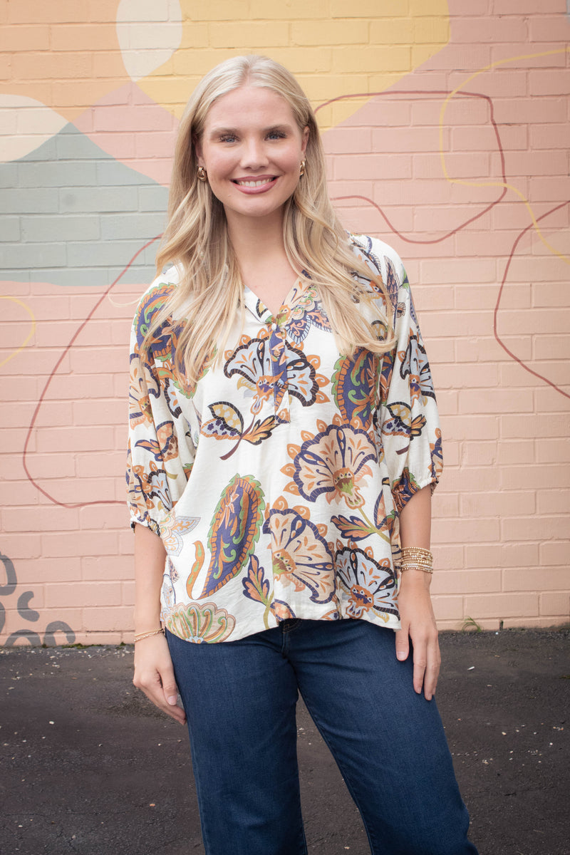 Cecilia Printed Half Sleeve Blouse, Cream