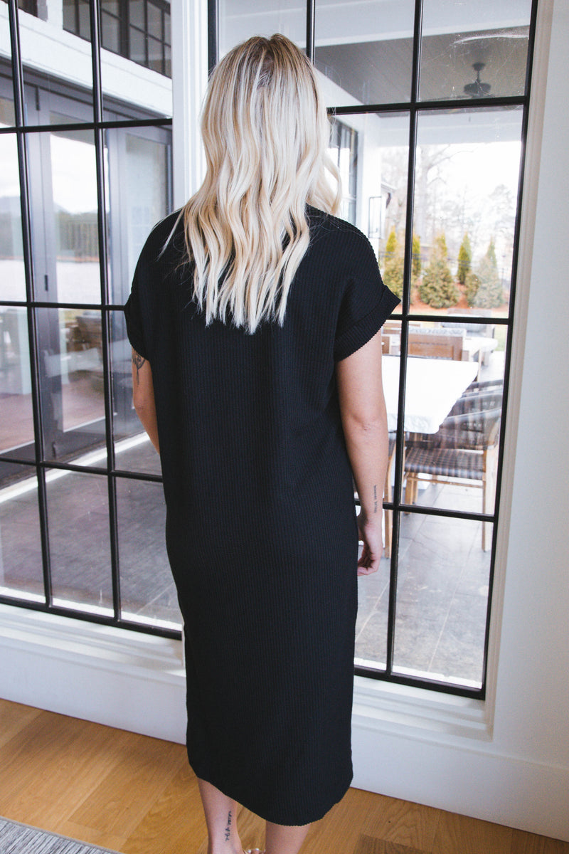 Kara Rib Knit Midi Dress, Black