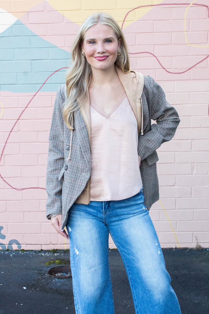 Jovie Herringbone Pattern Hooded Blazer, Tan Combo