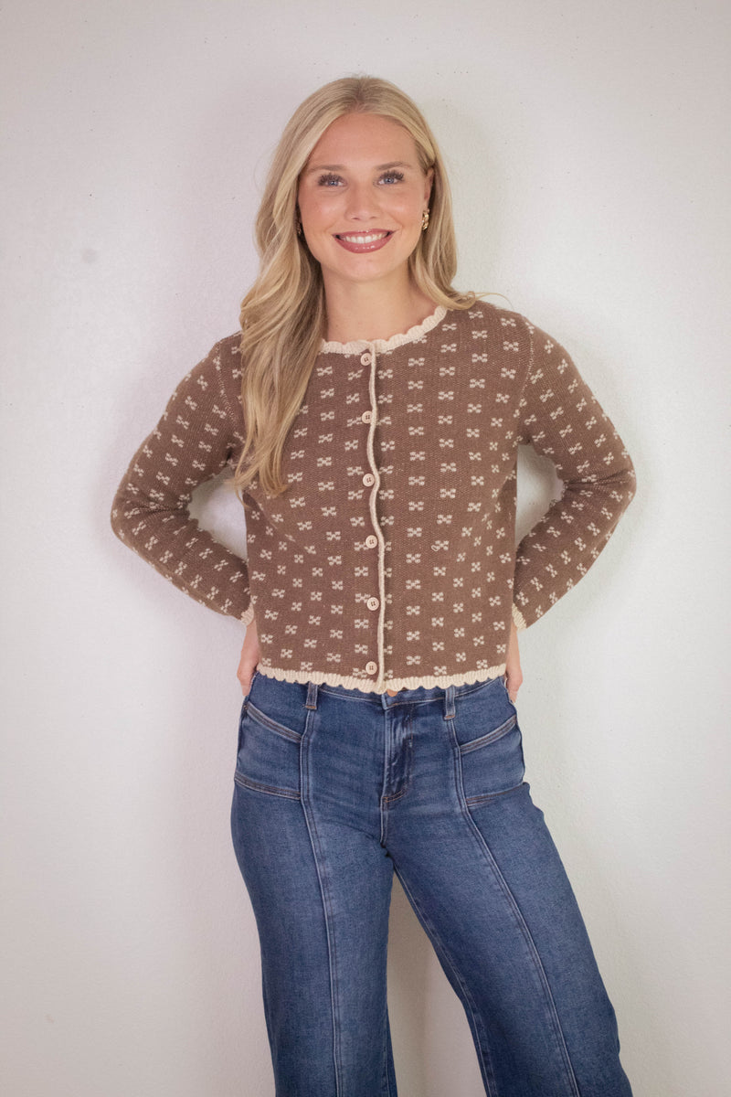 Lia Printed Contrast Scallop Trim Cardigan, Cocoa