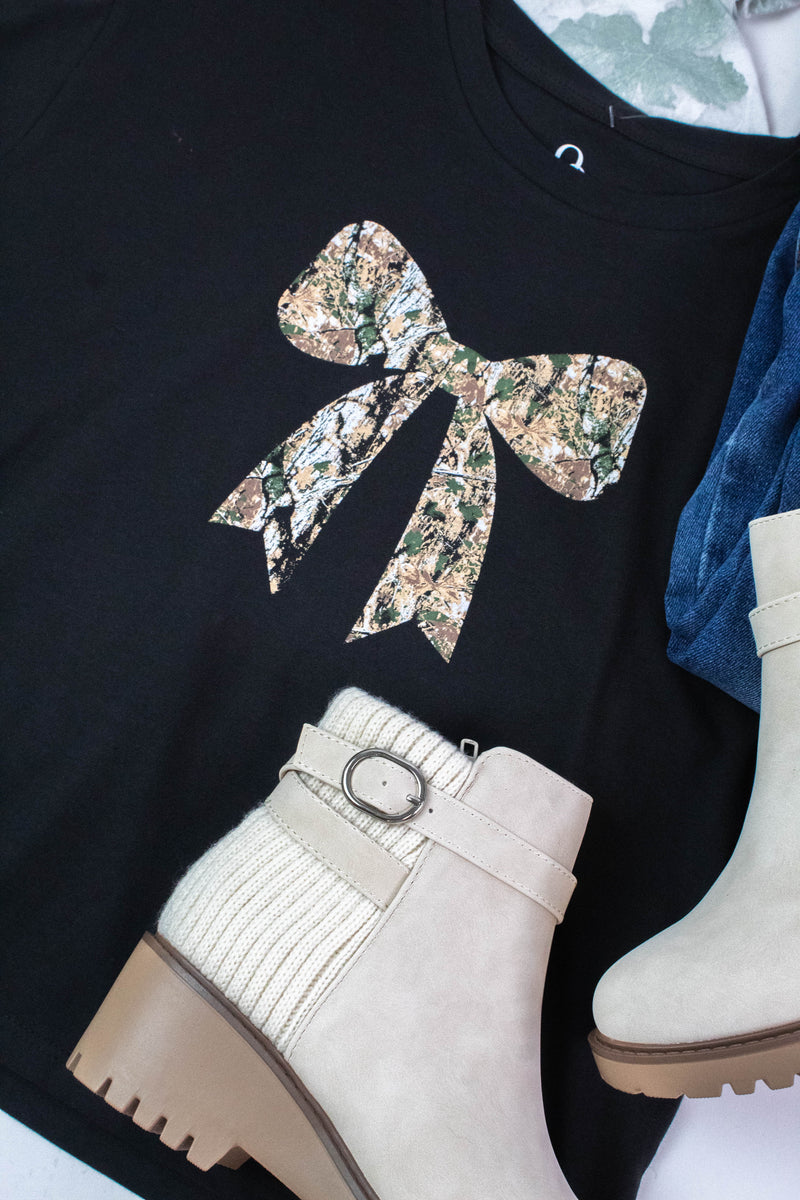 Camo Bow Baby Tee, Washed Black