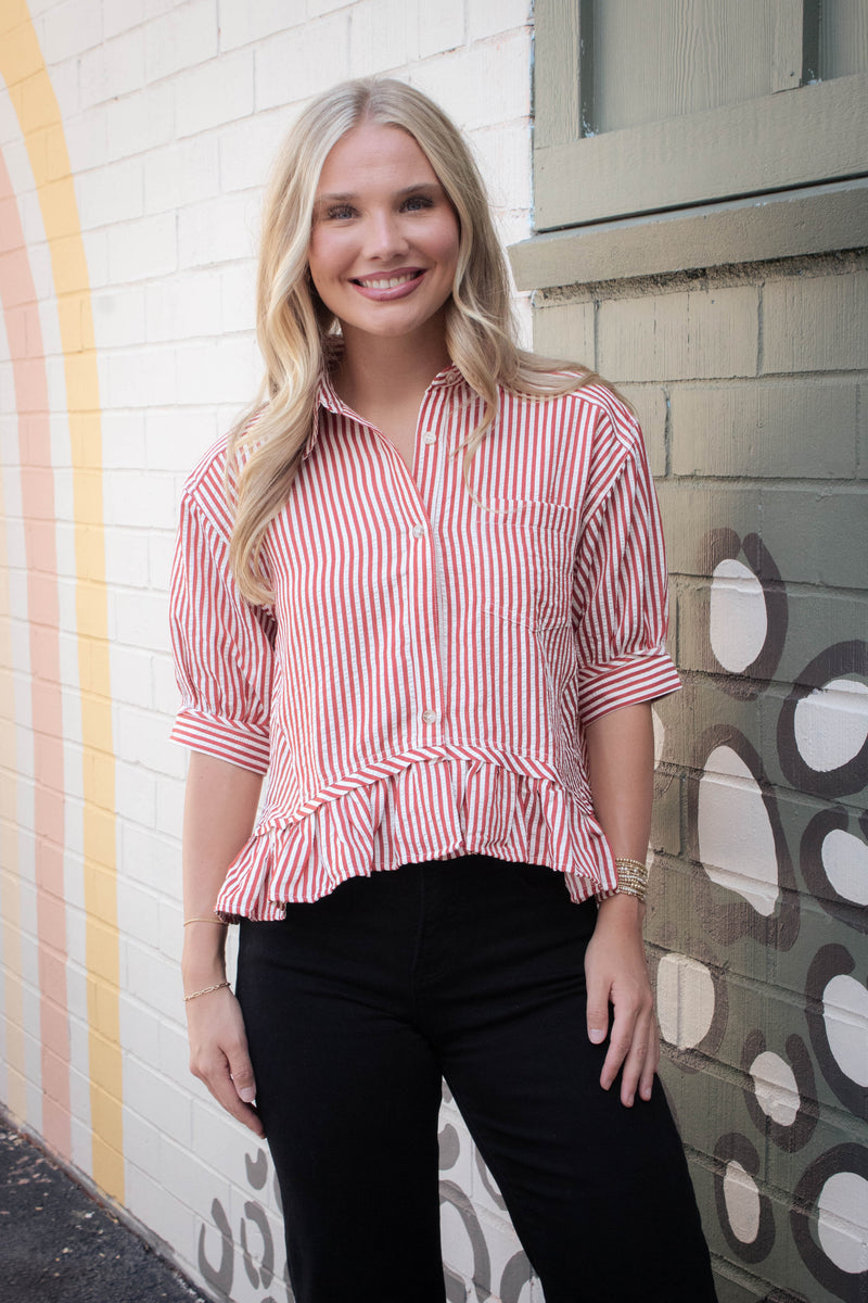 Indie Striped Ruffle Hem Button Up Top, Brick