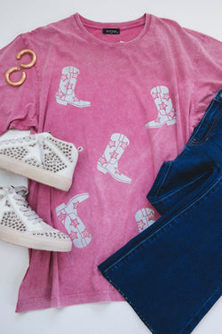 Glitter Cowboy Boots Tee, Pink