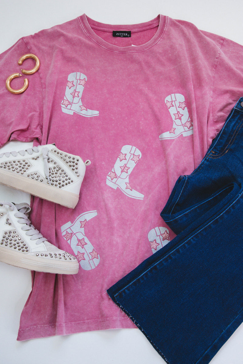 Glitter Cowboy Boots Tee, Pink