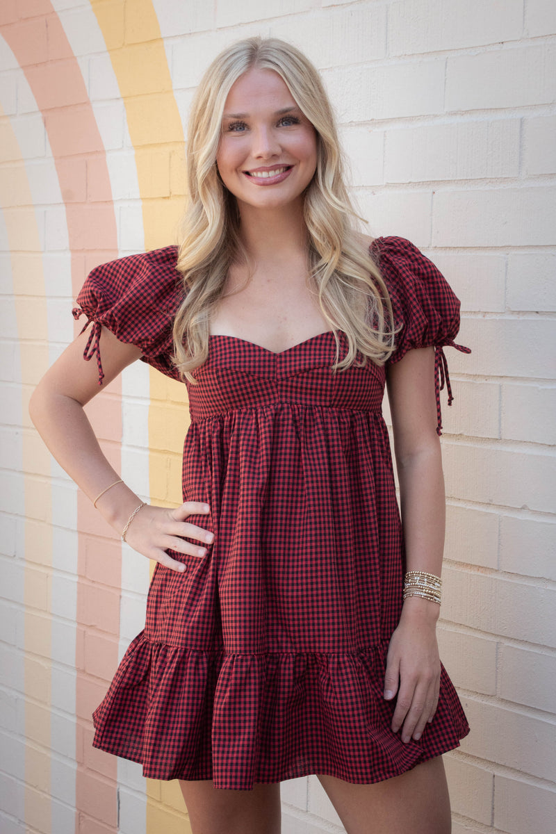Francine Sweetheart Neck Checkered Dress, Black Red