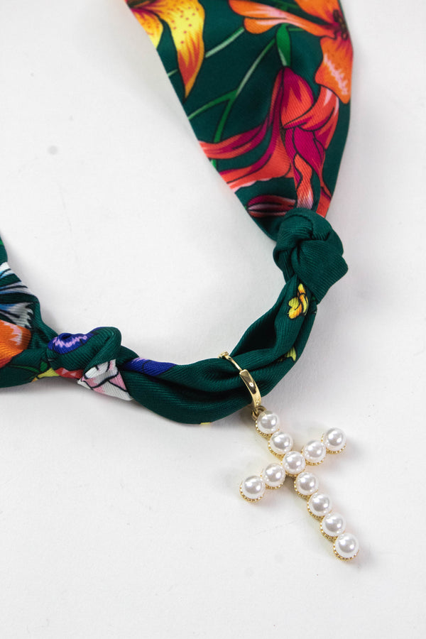 Charlotte Cross Charm Scarf Necklace, Green | Nora James Jewelry