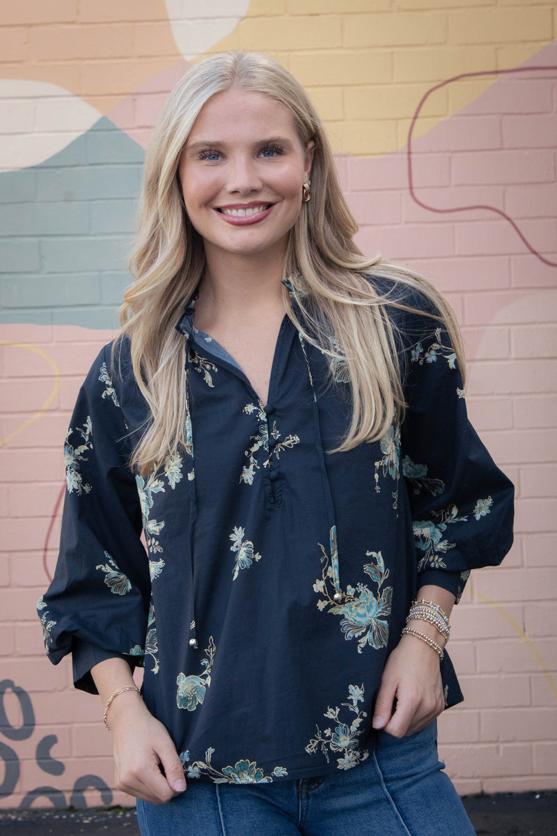 Mila Floral Tie Neck Top, Black