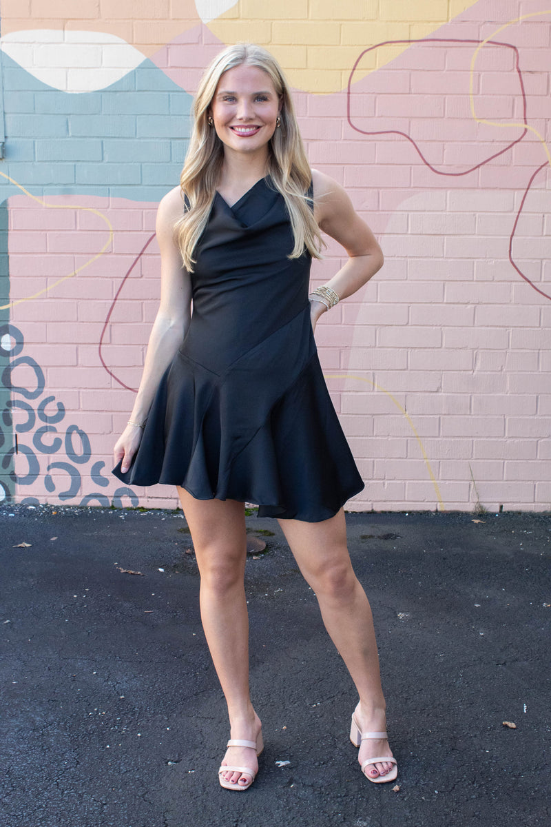 Mackenzie Cowl Neck Satin Dress, Black