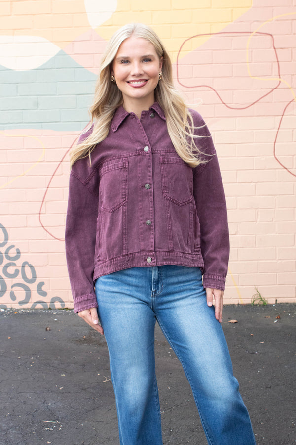 Audrey Button Down Denim Jacket, Cherry Lacquer
