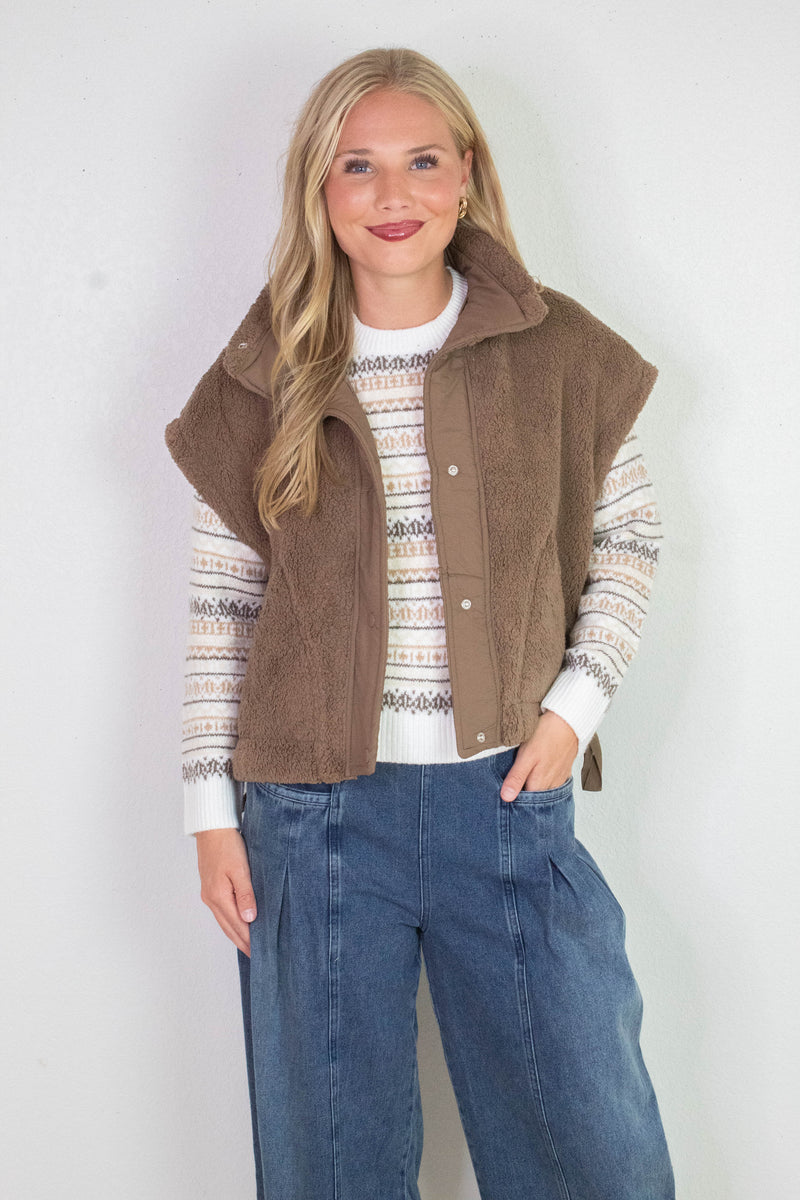 Addison Button Front Faux Fur Vest, Brown