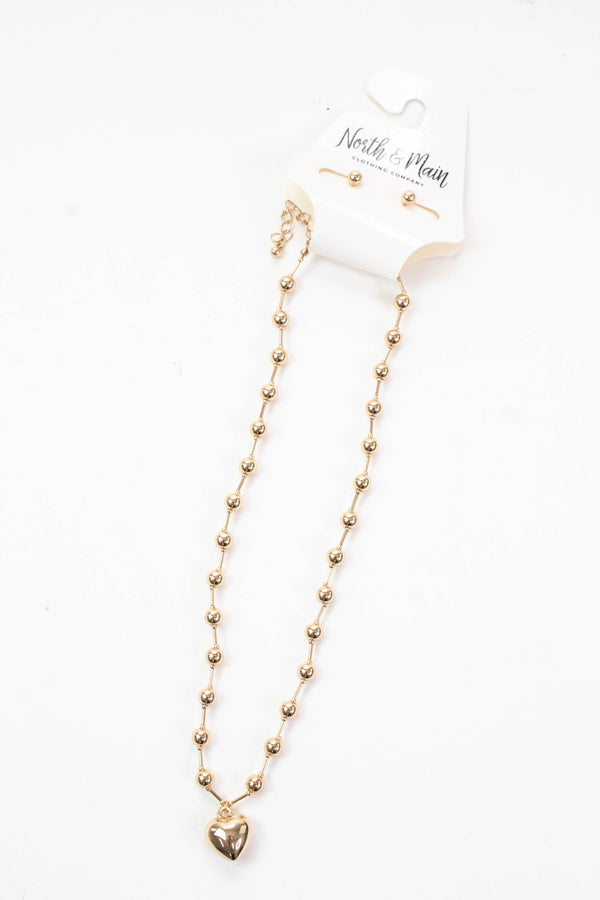 Lyla Puffy Heart Beaded Chain Necklace, Gold