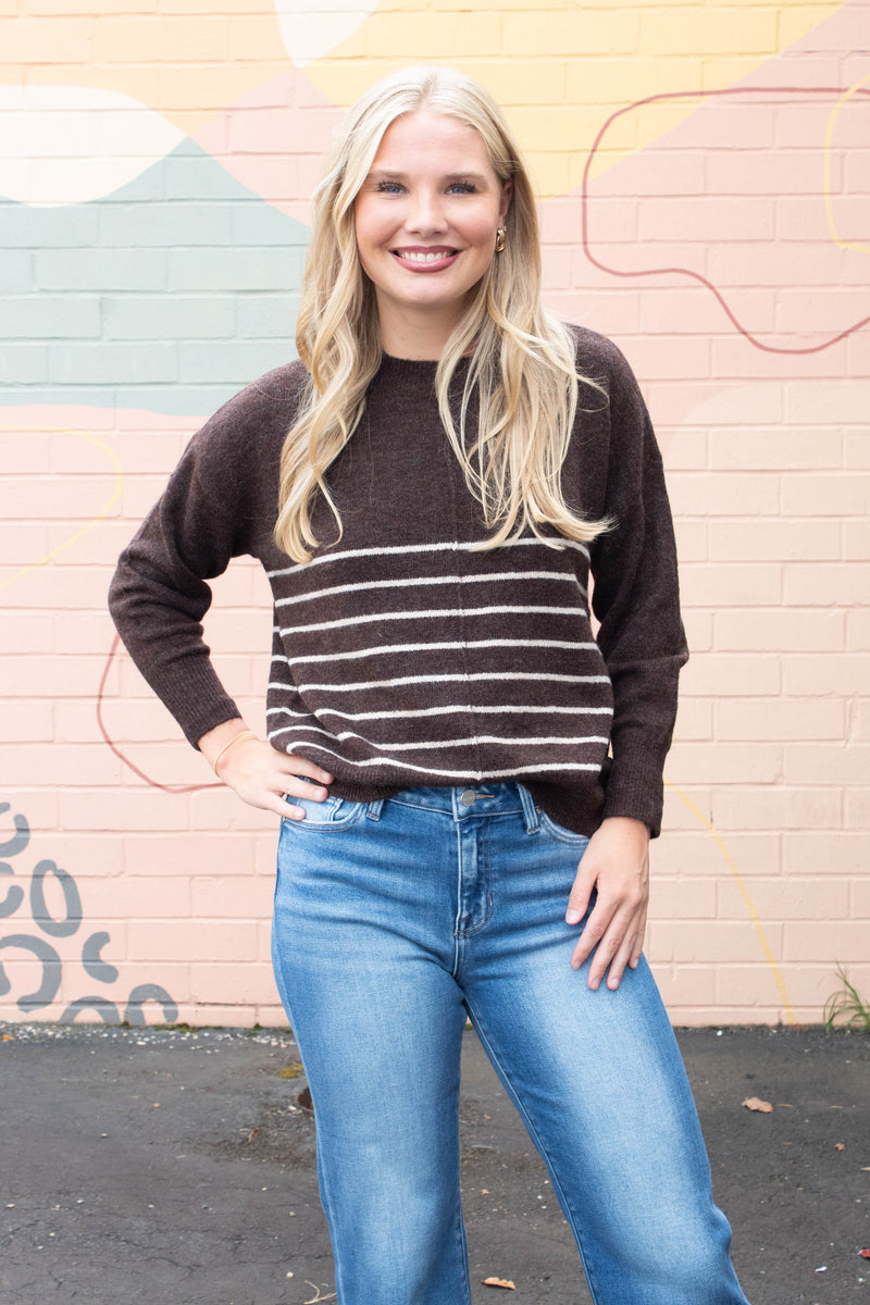 Kyra Striped Seam Detail Sweater, Brown