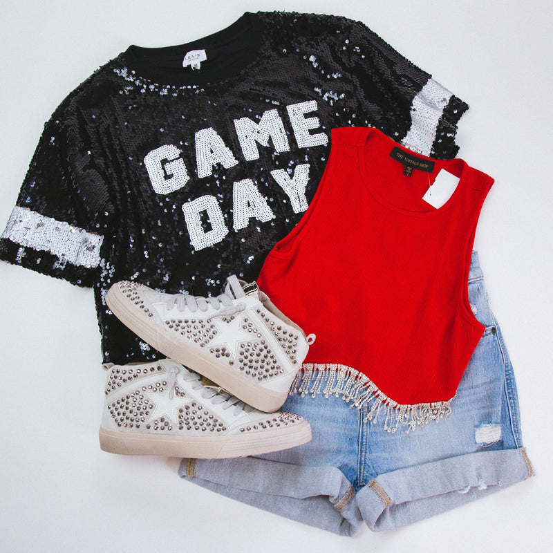 Shining Sleeveless Crop Top, Red