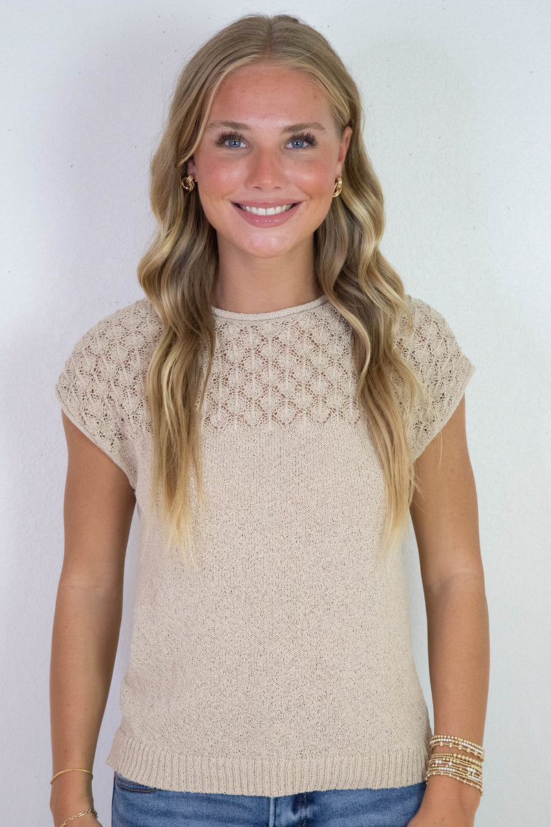 Ruby Eyelet Yoke Sweater Top, Light Khaki