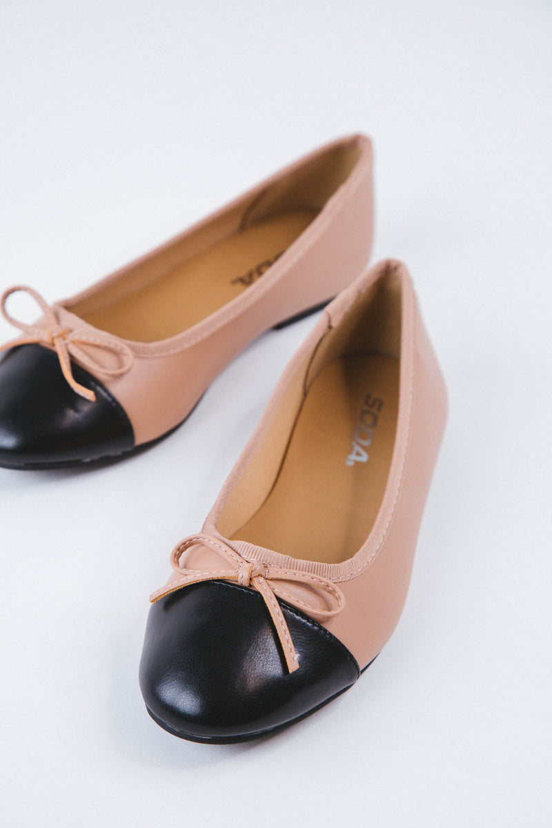 Peony Ballet Bow & Contrast Flat, Nude/Black