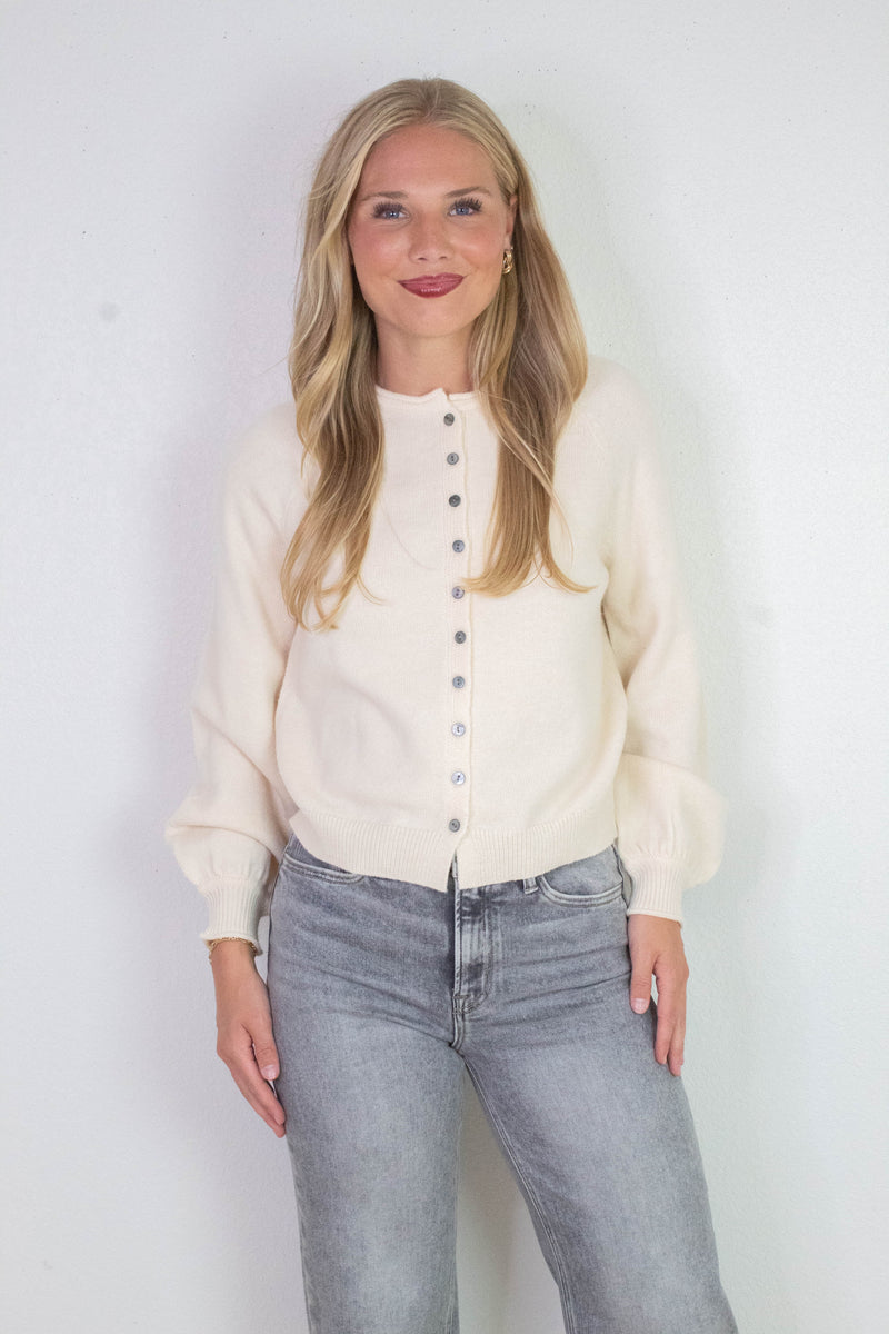 Juliette Rolled Edge Balloon Sleeve Cardigan, Cream