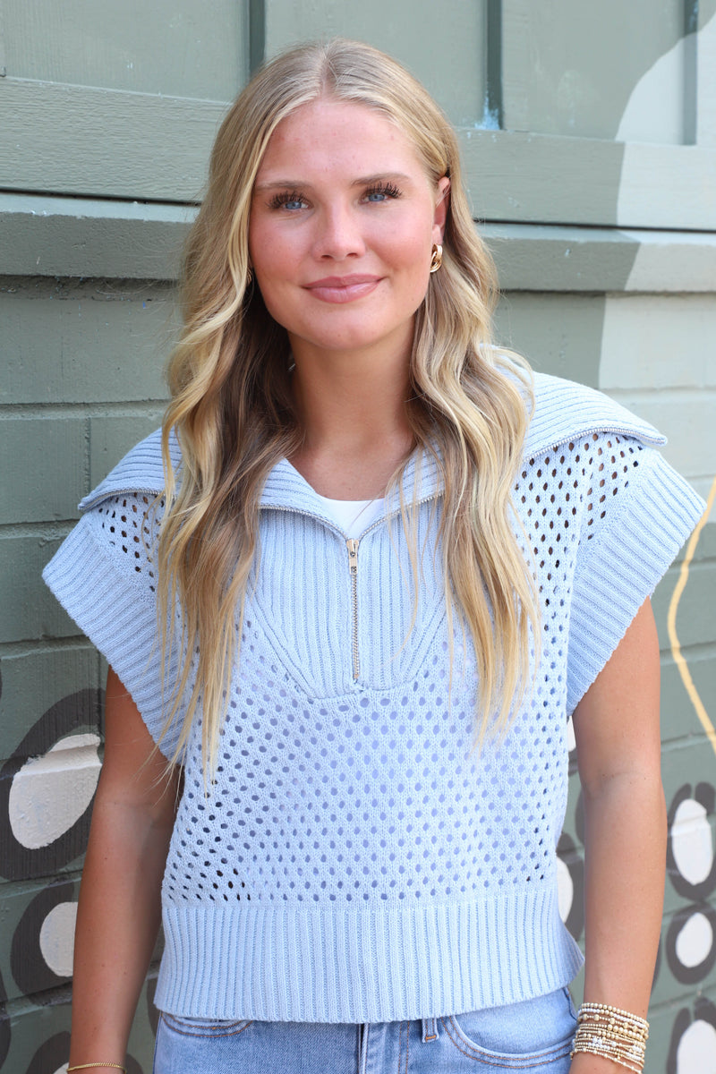 Lila Collared Half Zip Sweater Vest, Light Blue