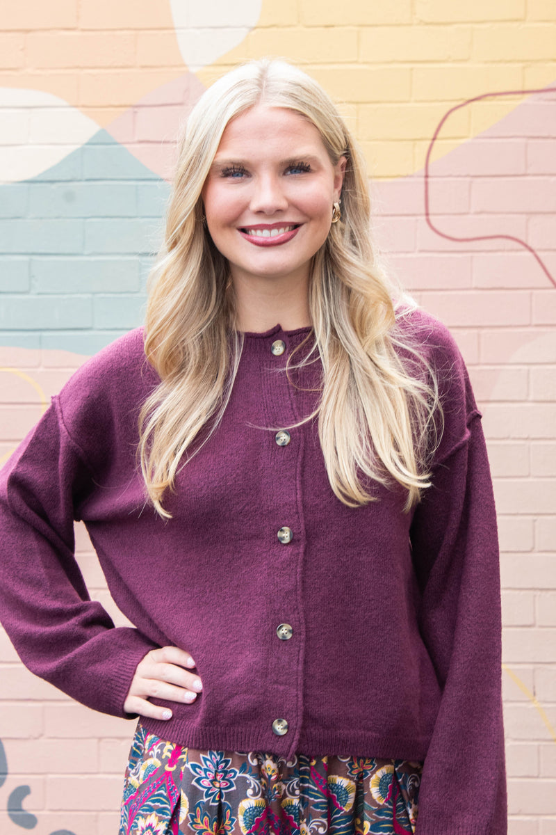 Melina Roll Neck Cardigan, Dark Cherry